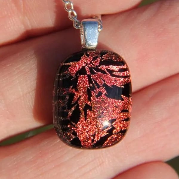 Handmade Small Red Burst Dichroic Pendant Necklace,  Fused Glass SKU F46
