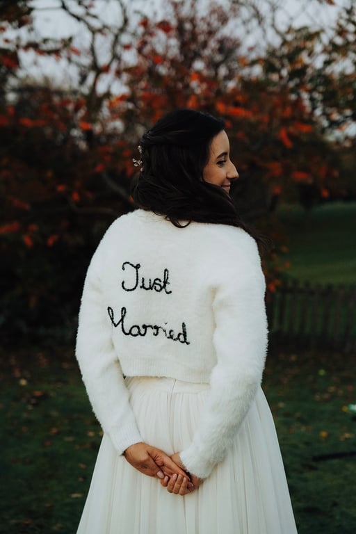 Hand Embroidered Fluffy "Just Married" Cardigan
