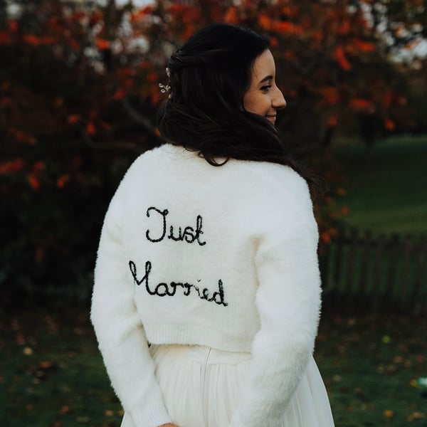 Hand Embroidered Fluffy "Just Married" Cardigan