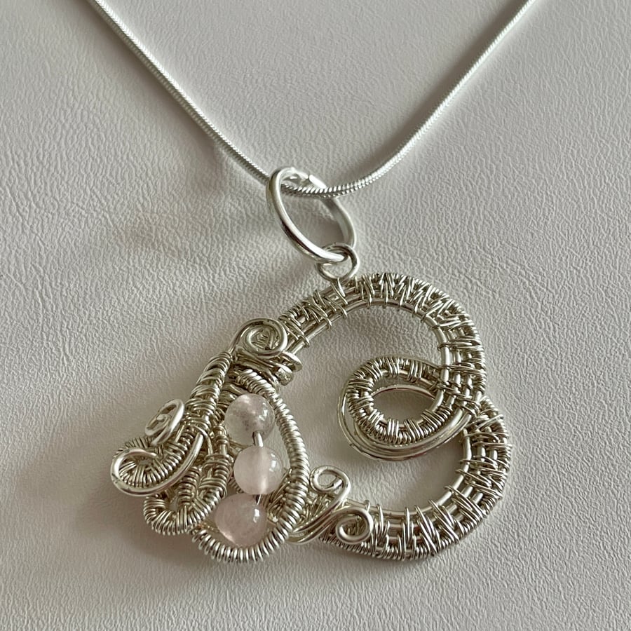 Wire Wrapped Rose Quartz Tilted Heart Pendant