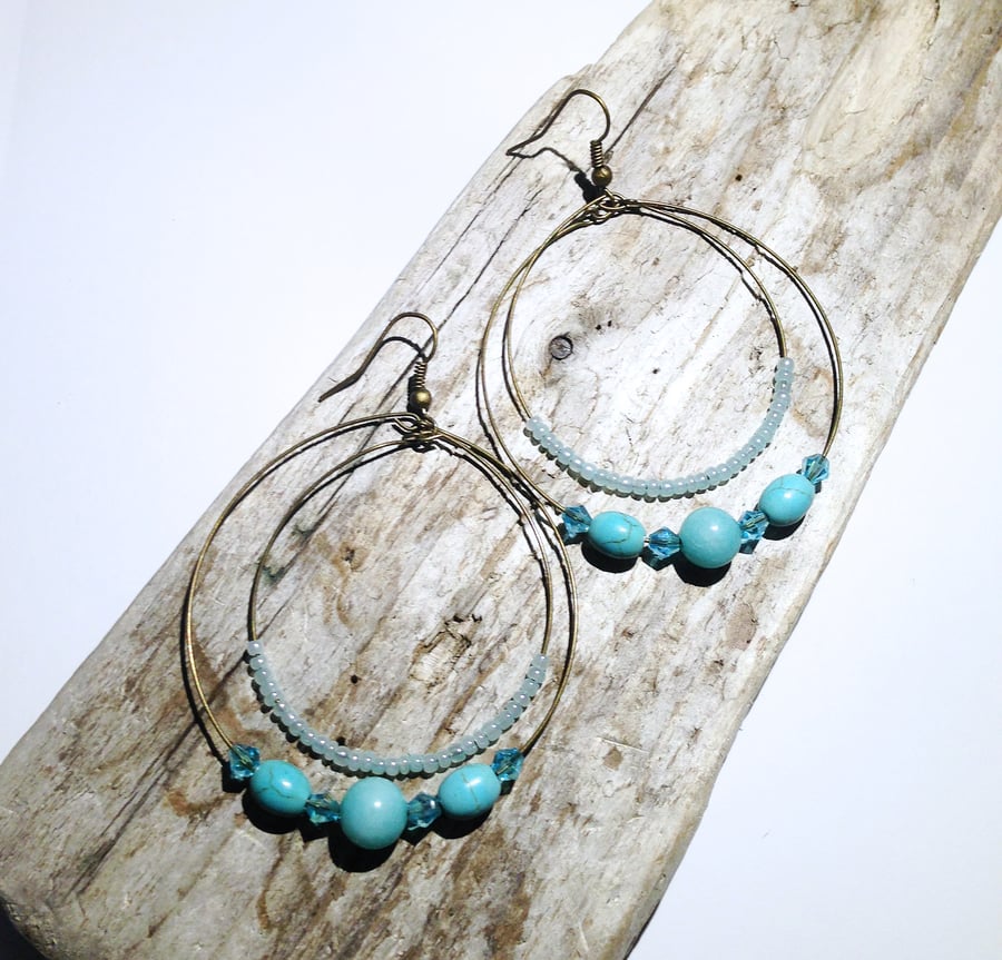 Bronze and Turquoise Gemstone Bead Hoop Earrings - UK Free Post