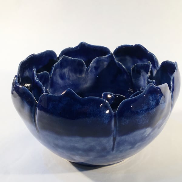 Ceramic double rim decorative blue flower bowl