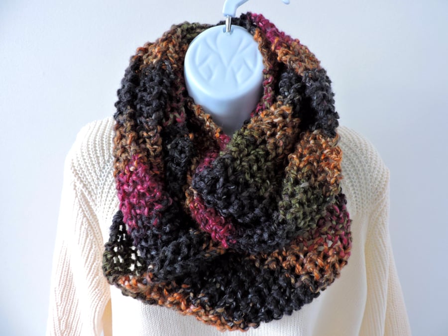 Infinity Scarf Chunky Knit Raspberry Olive Dark Grey and Gold