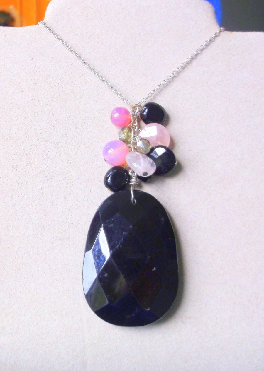 One Off Piece, Onyx, Rose Quartz and Agate Statement Necklace