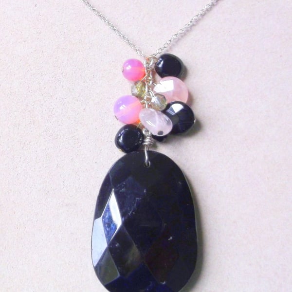 One Off Piece, Onyx, Rose Quartz and Agate Statement Necklace