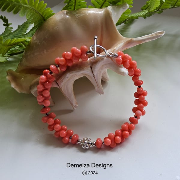 Eco Bamboo Coral Peanut Cut Sterling Silver Bracelet