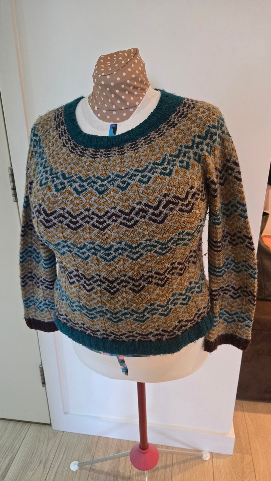 Handknitted woolen 'Miara' jumper - teal, grey, mustard, plum - 37" bust