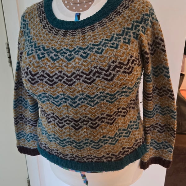 Handknitted woolen 'Miara' jumper - teal, grey, mustard, plum - 37" bust
