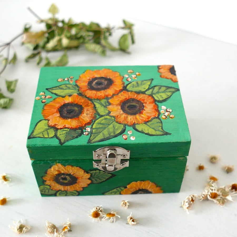 Sunflower Decorative Storage Box, Green Hand painted Flower Decoration