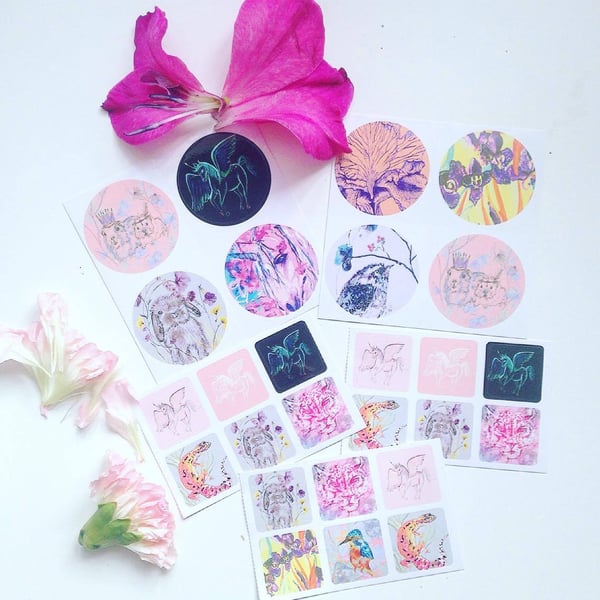 Pack of Illustrated stickers, pegasus, unicorn, guinea pig, floral designs