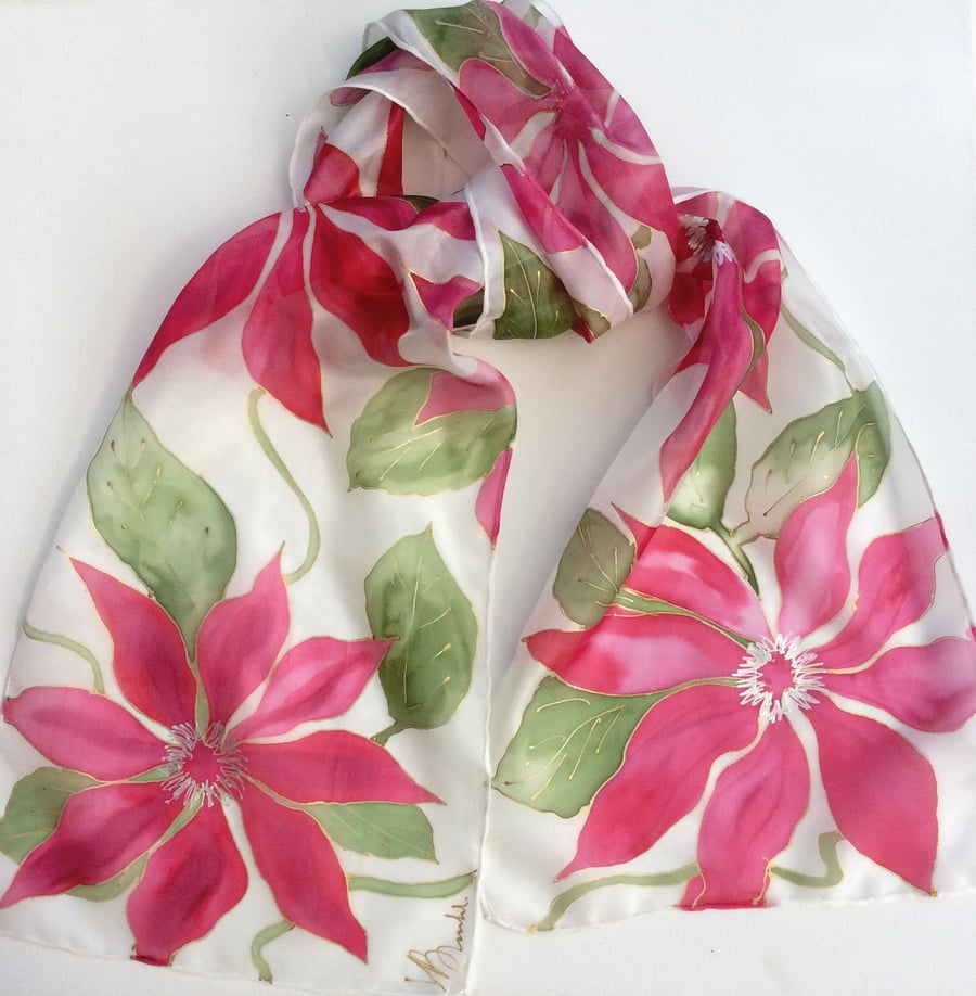 Red Clematis hand painted silk scarf