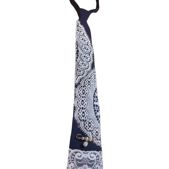 One of a kind upcycled boho navy blue tie