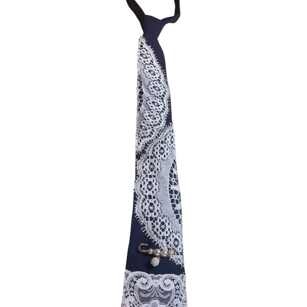 One of a kind upcycled boho navy blue tie