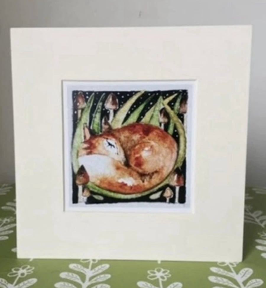 Image of Mounted Whimsical Resting Fox in Grass Watercolour Painting 