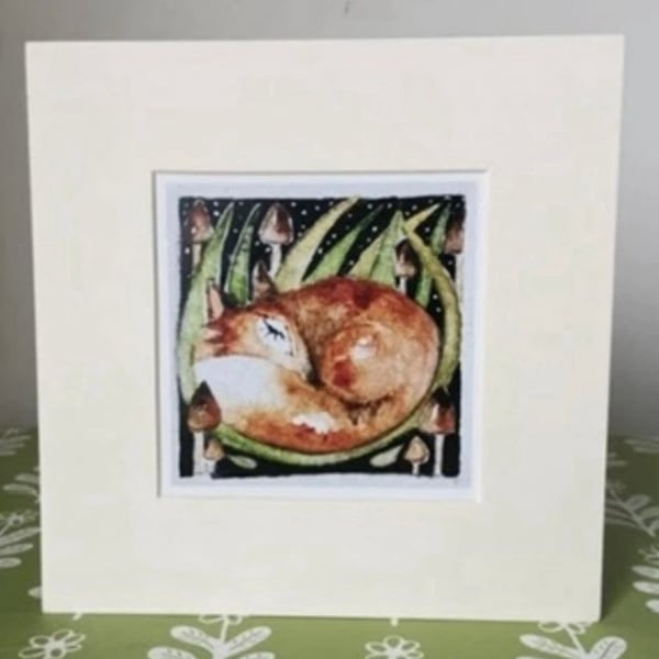 Mounted Whimsical Resting Fox in Grass Watercolour Painting 