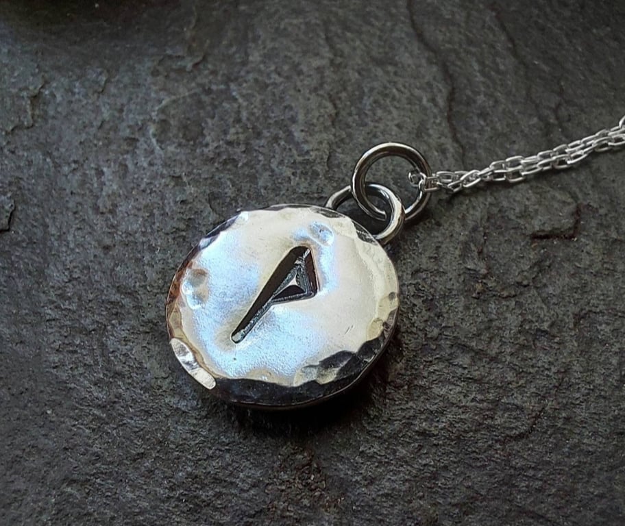 Small hammered rune circle necklace, rustic rune pendant
