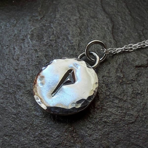 Small hammered rune circle necklace, rustic rune pendant