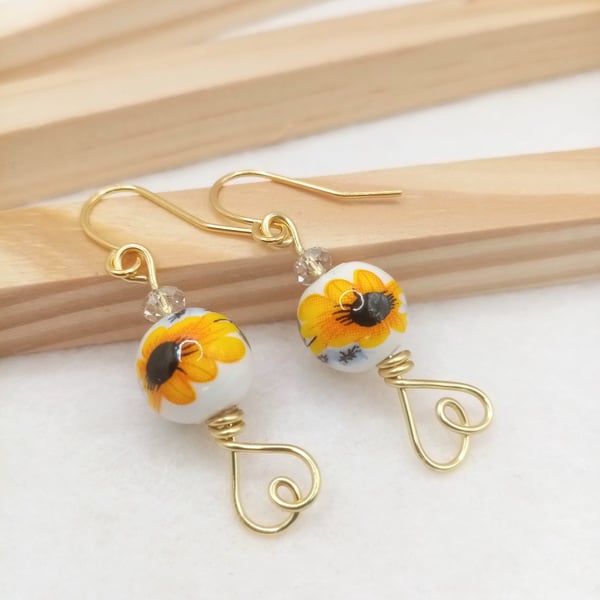 Porcelain Sunflower Earrings with Austrian Crystals & Gold Heart Gift