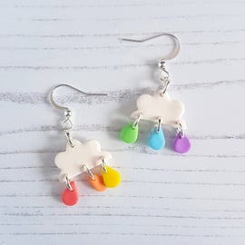 Clouds with rainbow rain drops drop earrings 