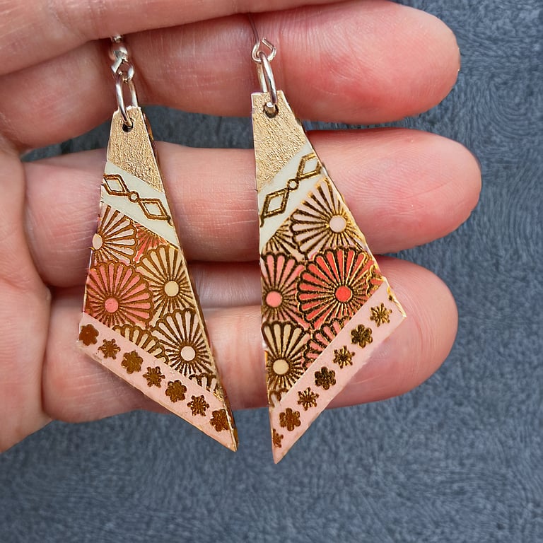 Floral Boho Teardrop Earrings – Golden & Pink Washi Tape Dangles