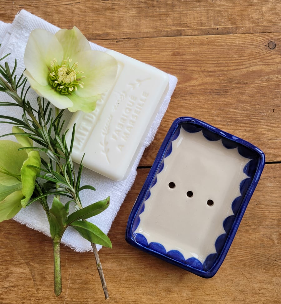 Blue scolloped soap dish