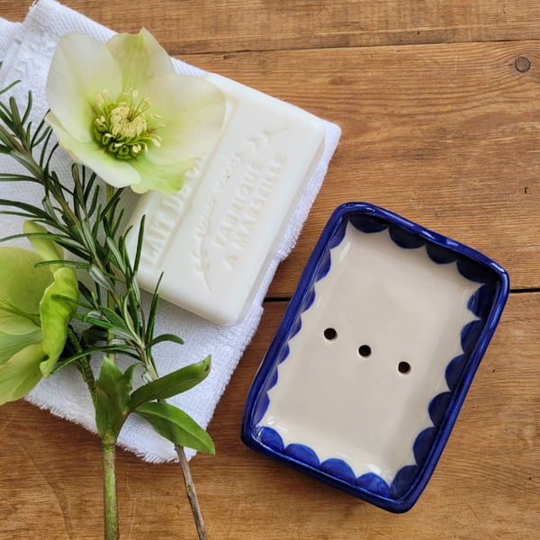 Blue scolloped soap dish