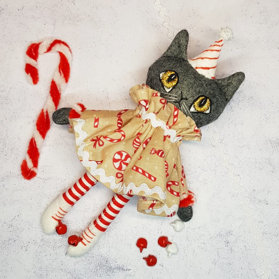 Candy Cane Charcoal Cat Art Doll