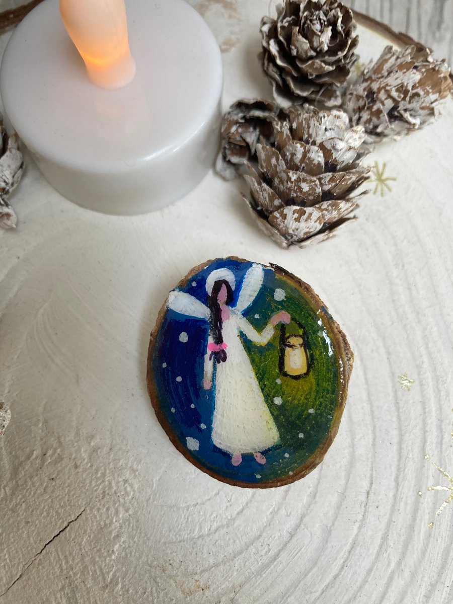 Hand Painted Brooch Angel Of Light On Wood Slice Guardian Angel