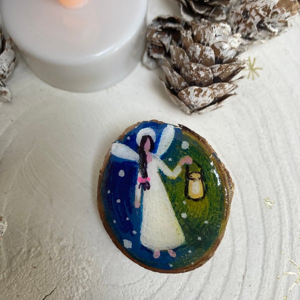 Hand Painted Brooch Angel Of Light On Wood Slice Guardian Angel