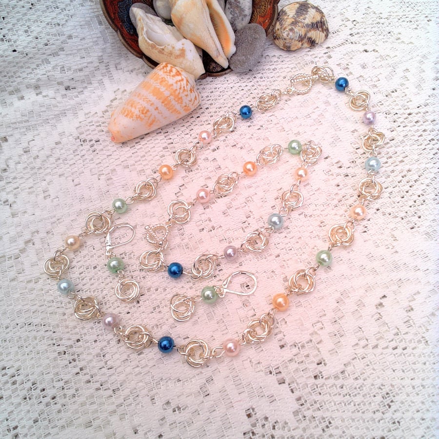 Mobius Chain Maille and Multi Coloured Glass Pearls Necklace and Earrings