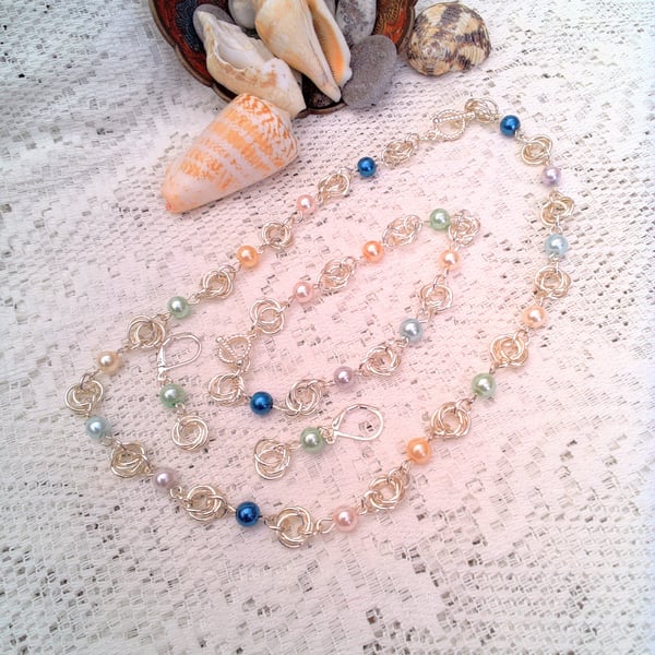 Mobius Chain Maille and Multi Coloured Glass Pearls Necklace and Earrings