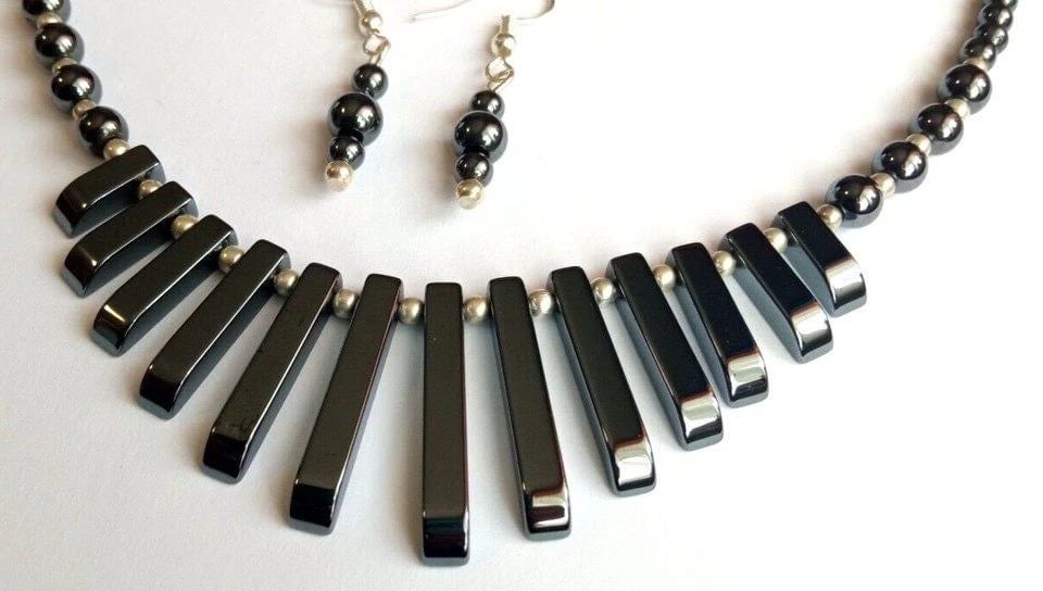 Hematite Necklace Earrings Jewellery Gift Set Tapered Shiny Black Gemstone
