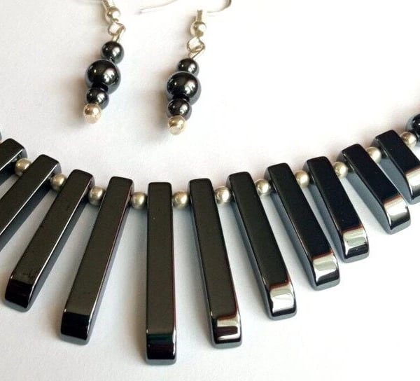 Hematite Necklace Earrings Jewellery Gift Set Tapered Shiny Black Gemstone