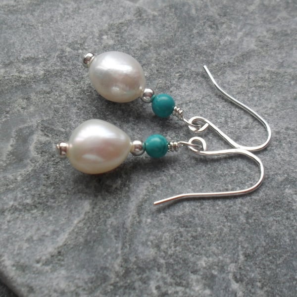 Freshwater Cultured Pearl  and Turquoise Sterling Silver Drop Earrings