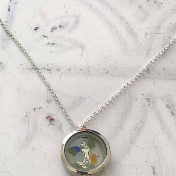 Seaham Seaglass Sea Glass & Mermaid Locket Necklace