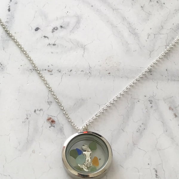 Seaham Seaglass Sea Glass & Mermaid Locket Necklace