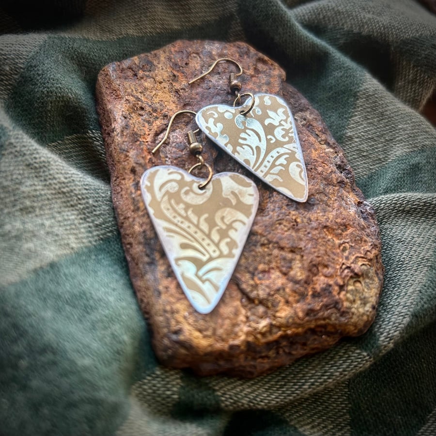 Gold Patterned Tin Heart Earrings