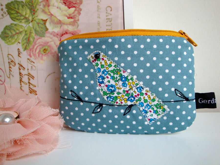 Cotton zip Purse - appliqued Bird.