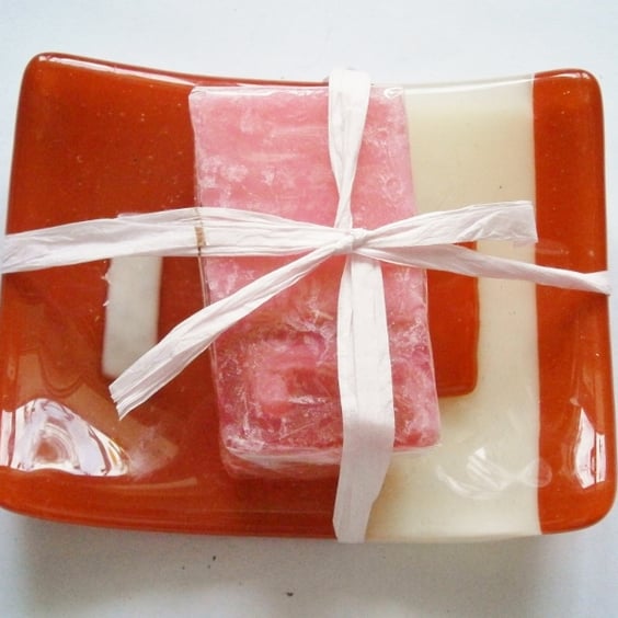 Fused glass red and cream soap dish