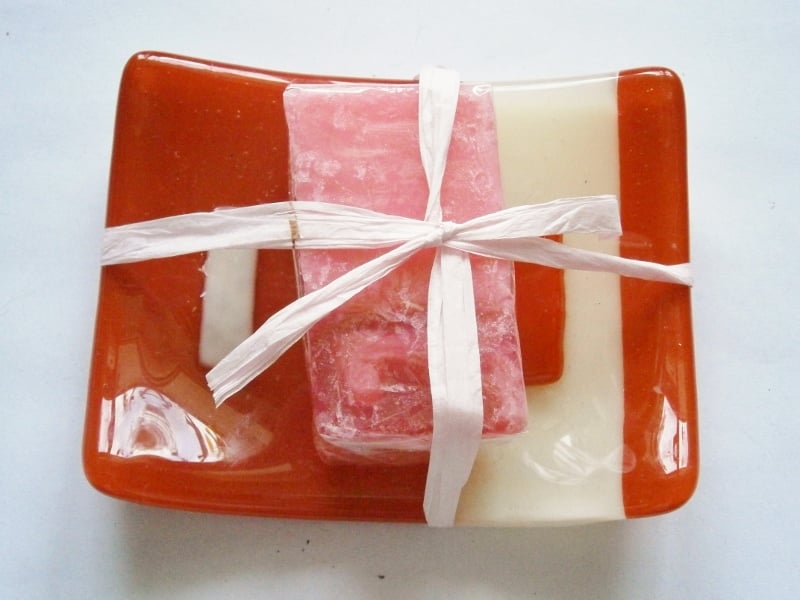 Fused glass red and cream soap dish