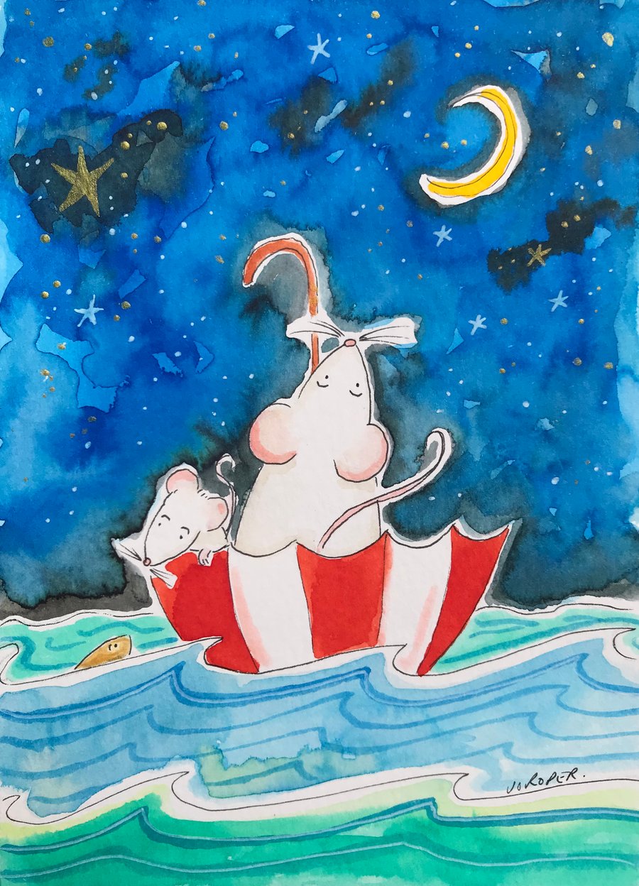 Original Painting Sailing mice meeces rodent Jo Roper