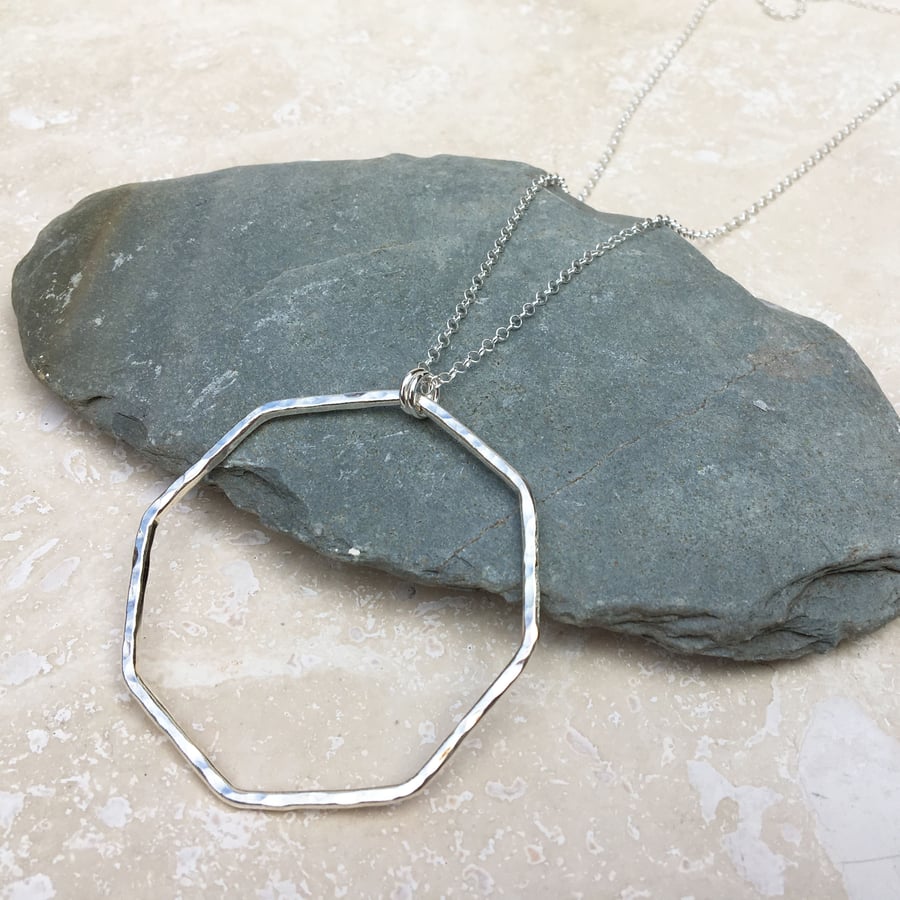 Long Sterling Silver Octagon Hoop Shape Statement Necklace - NEK033