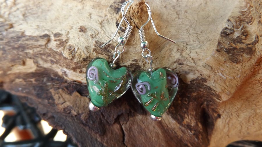 Heart green glass charm earrings with rose motif