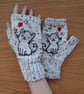 Hand Knitted Cream Tweed Gloves With Embroidered Cat And Red Heart (J195) - Image 3