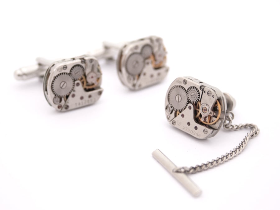 Steampunk Cufflinks and Tie Tack with Chain