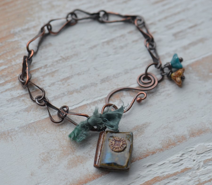 Handmade Copper Bracelet with Ceramic Book Charm