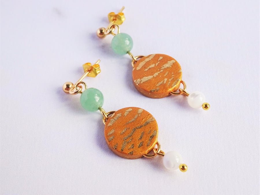 Aventurine and Mother of Pearl earrings, Semi Precious Jewellery, Gold Plated