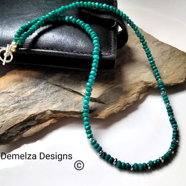 40cts Blue-Green Faceted Magnasite & Silver Plated Heamotite Necklace