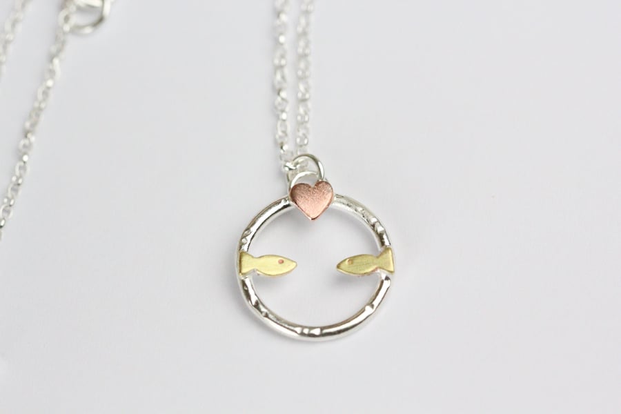 Fish in love -silver, brass and copper necklace