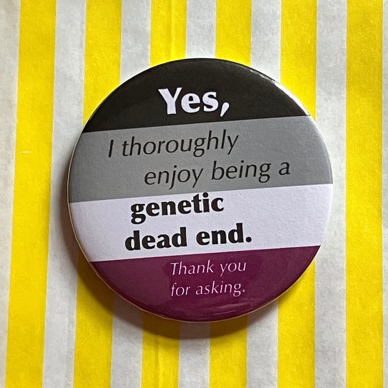 Asexual pride badge - Yes, I thoroughly enjoy being a genetic dead end, thanks